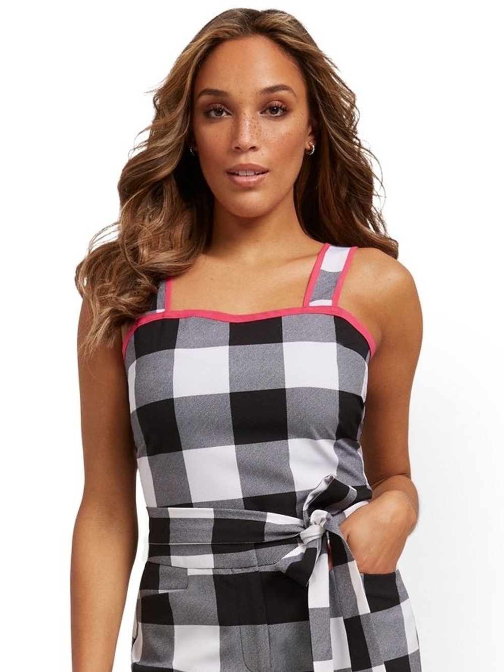 NY&Co Black White Plaid Tank Top, Hot Pink Accents, Zip Back, Women's Large